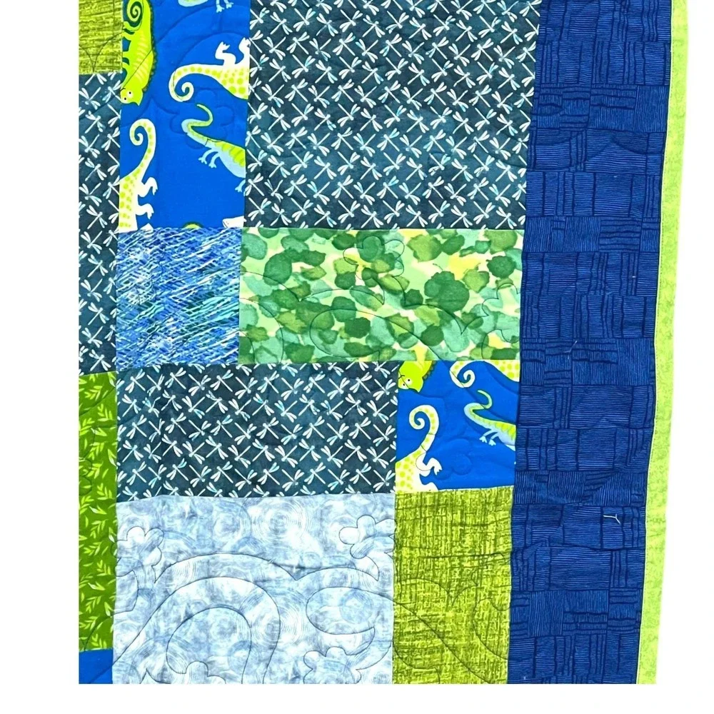 Handmade Patchwork Quilt 54x62 Blue‎ Green Beach House Gecko Throw
